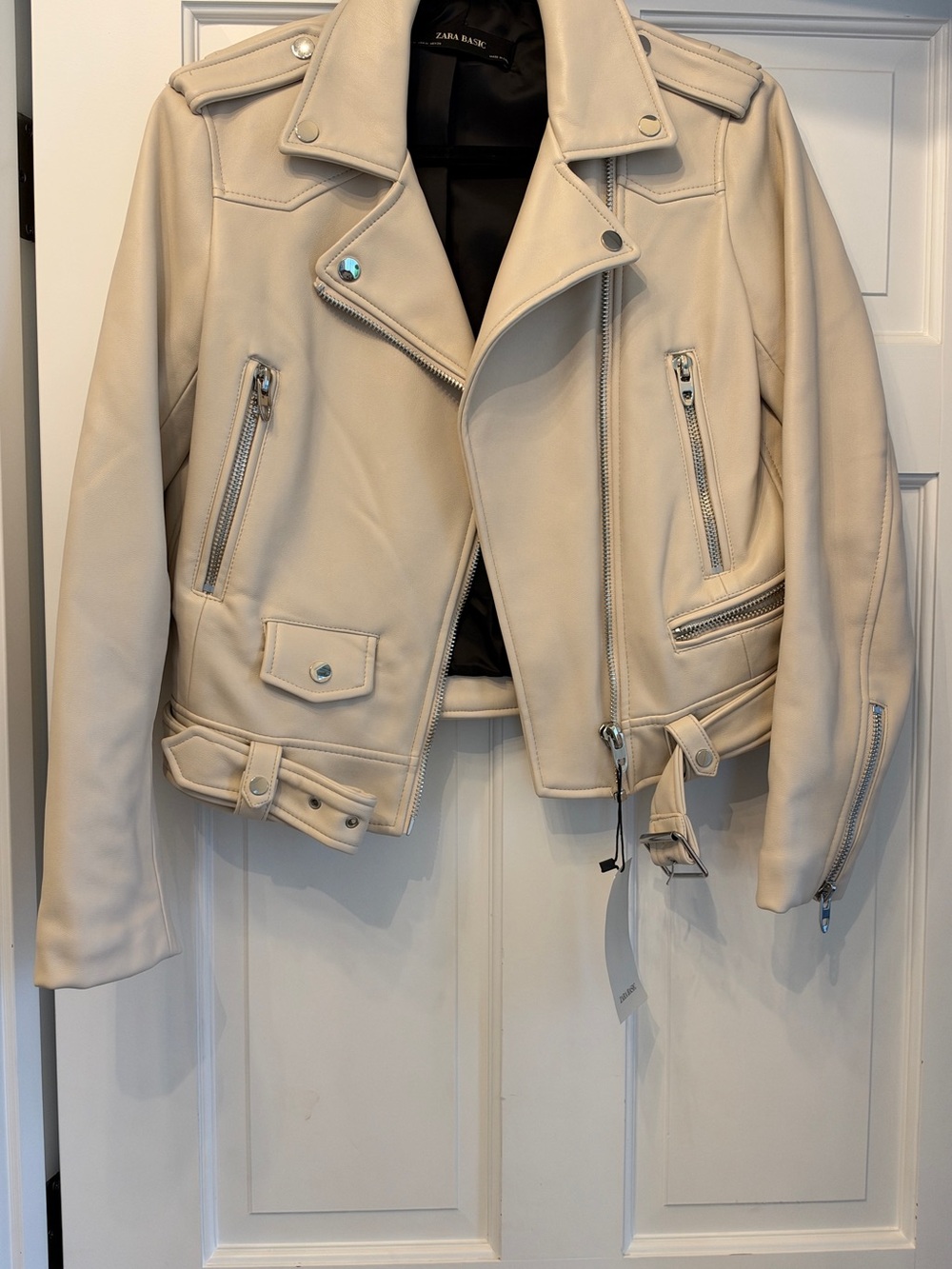 Zara Off-White Leather Moto Jacket with Silver Hardware